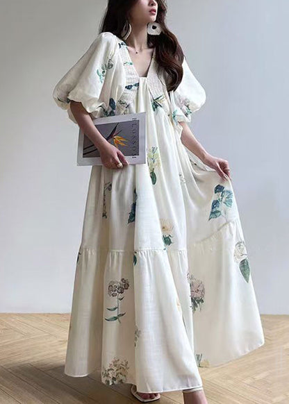 Elegant White V Neck Print Lace Up Cotton Dress Lantern Sleeve