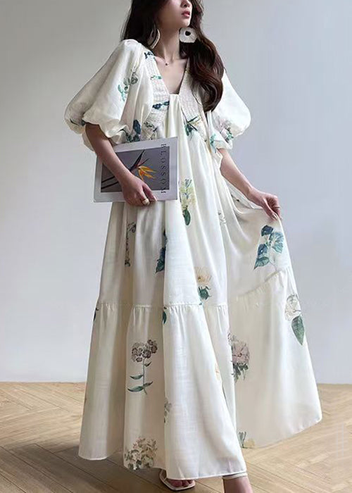 Elegant White V Neck Print Lace Up Cotton Dress Lantern Sleeve