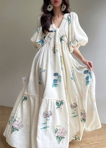 Elegant White V Neck Print Lace Up Cotton Dress Lantern Sleeve