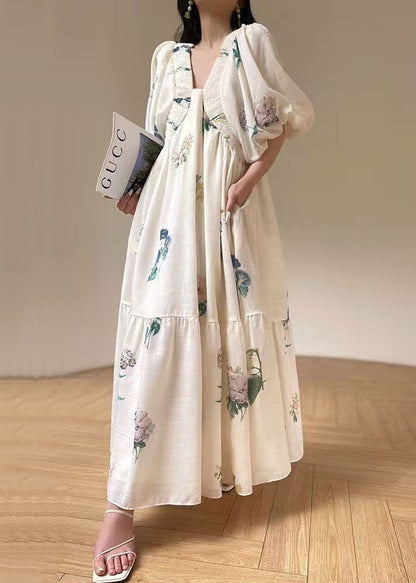 Elegant White V Neck Print Lace Up Cotton Dress Lantern Sleeve