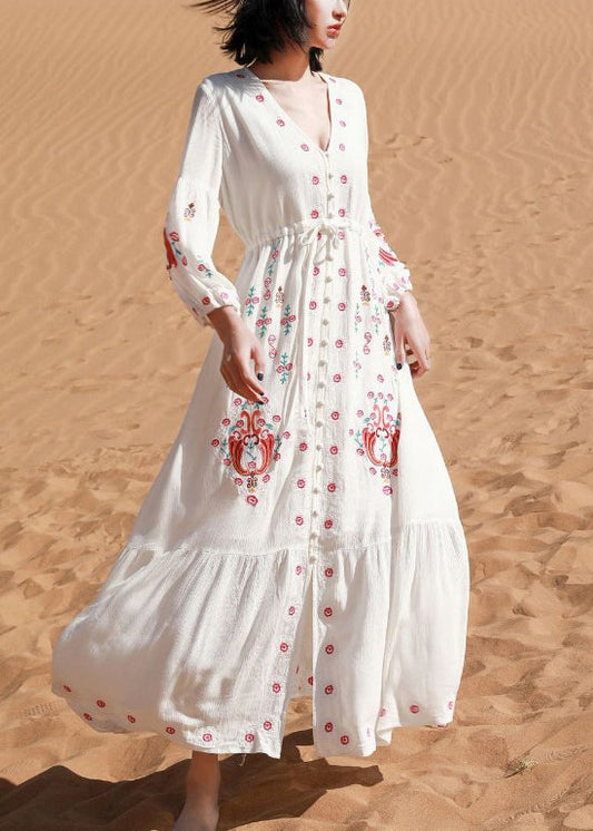 Elegant White V Neck Print Tie Waist Cotton Shirts Dresses Spring