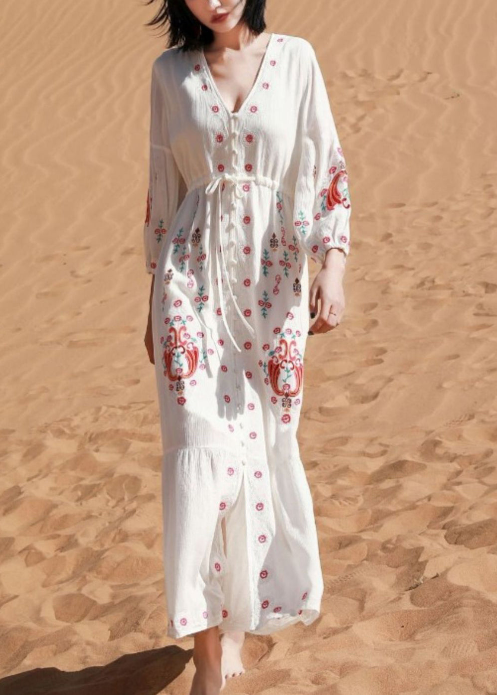 Elegant White V Neck Print Tie Waist Cotton Shirts Dresses Spring