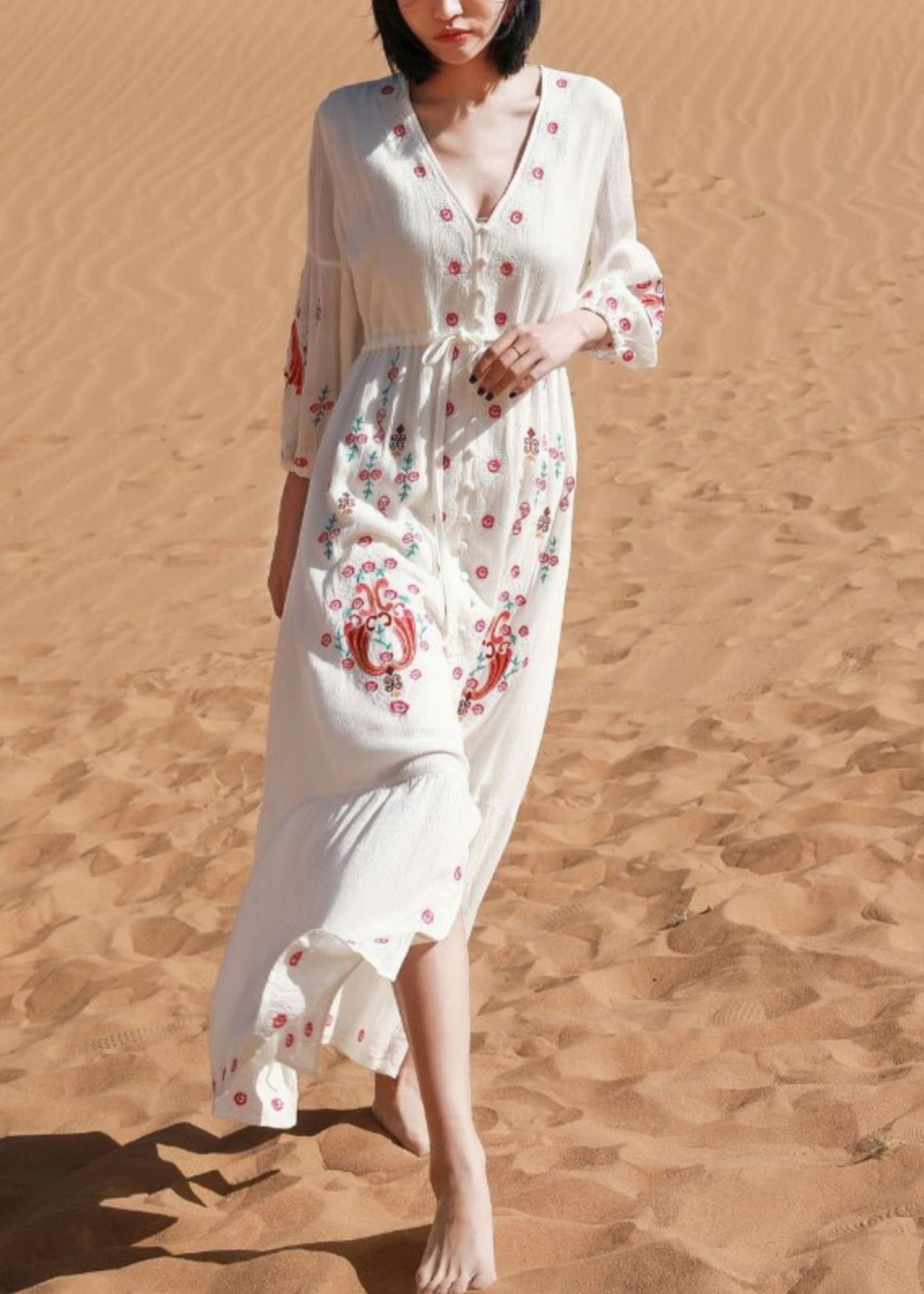 Elegant White V Neck Print Tie Waist Cotton Shirts Dresses Spring