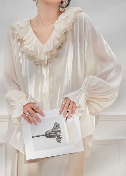 Elegant White V Neck Ruffled Shirts Spring