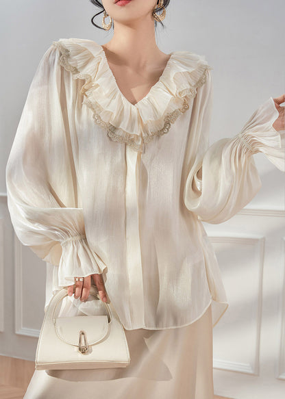 Elegant White V Neck Ruffled Shirts Spring