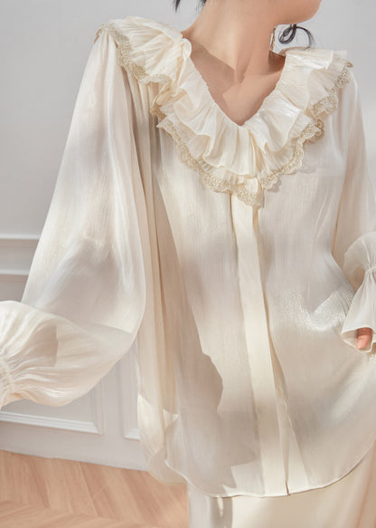 Elegant White V Neck Ruffled Shirts Spring