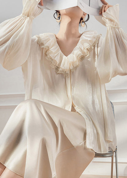 Elegant White V Neck Ruffled Shirts Spring