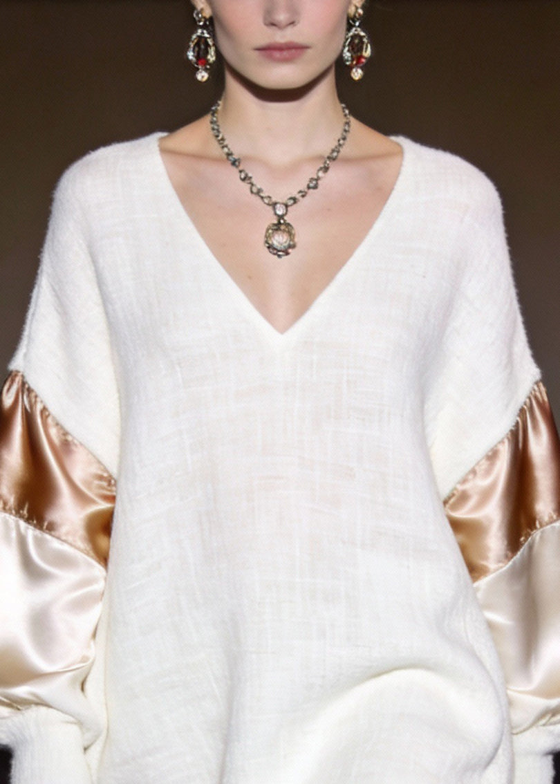 Elegant White V Neck Silk Patchwork Mini Dresses Spring