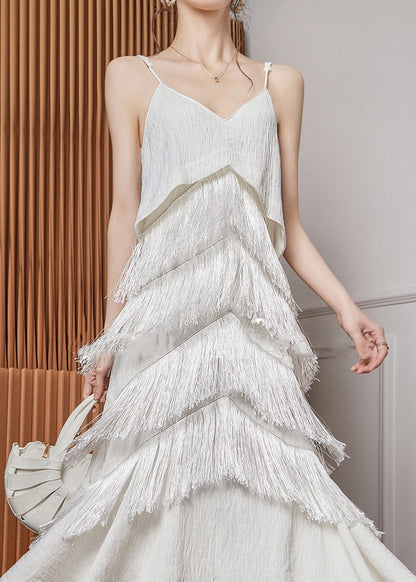 Elegant White V Neck Tasseled Spaghetti Strap Dress Sleeveless