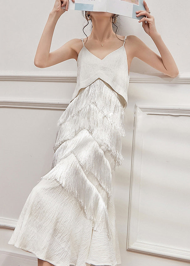 Elegant White V Neck Tasseled Spaghetti Strap Dress Sleeveless