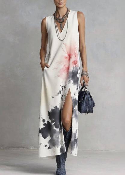 Elegant White V Neck Tie Dye Maxi Dresses Sleeveless