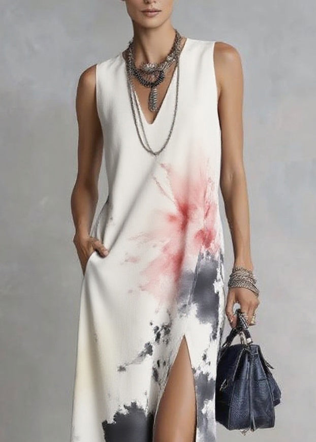 Elegant White V Neck Tie Dye Maxi Dresses Sleeveless
