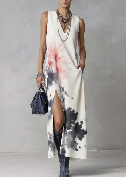Elegant White V Neck Tie Dye Maxi Dresses Sleeveless