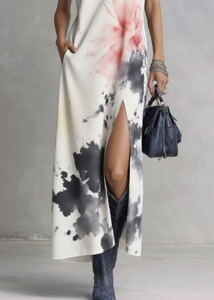 Elegant White V Neck Tie Dye Maxi Dresses Sleeveless