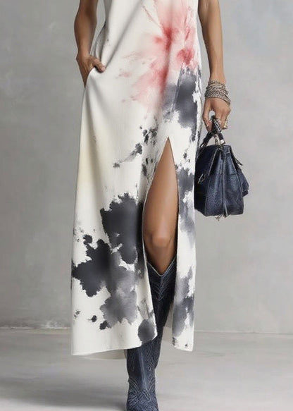 Elegant White V Neck Tie Dye Maxi Dresses Sleeveless
