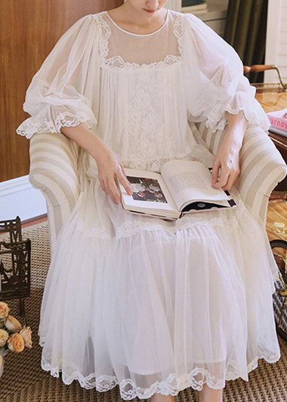 Elegant White Wrinkled Lace Patchwork Tulle Pajamas Dresses Half Sleeve