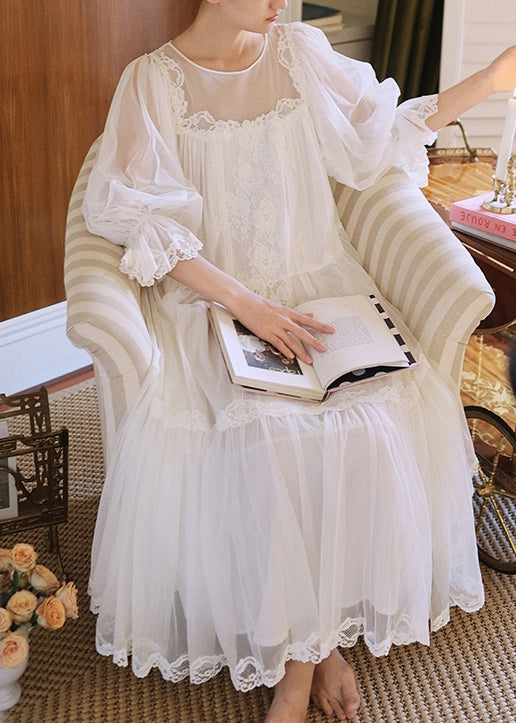 Elegant White Wrinkled Lace Patchwork Tulle Pajamas Dresses Half Sleeve