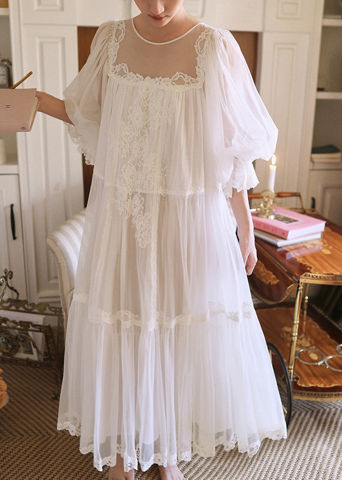Elegant White Wrinkled Lace Patchwork Tulle Pajamas Dresses Half Sleeve