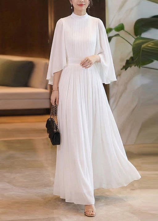 Elegant White Wrinkled Patchwork Chiffon Maxi Dresses Summer