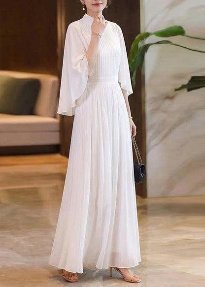 Elegant White Wrinkled Patchwork Chiffon Maxi Dresses Summer