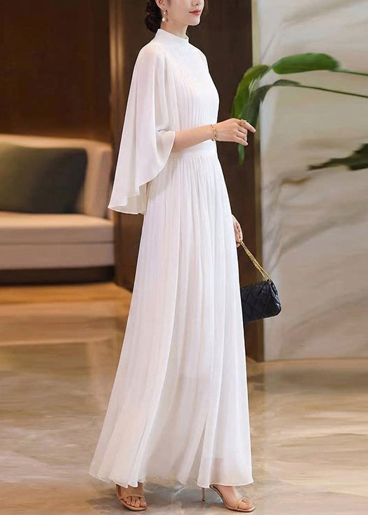Elegant White Wrinkled Patchwork Chiffon Maxi Dresses Summer