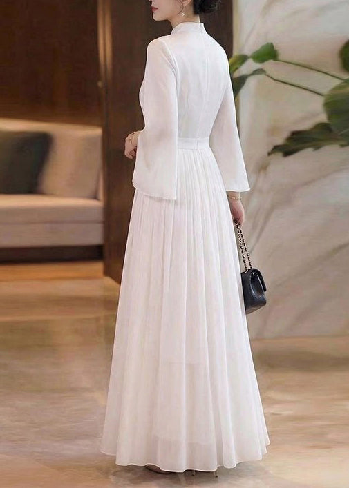 Elegant White Wrinkled Patchwork Chiffon Maxi Dresses Summer