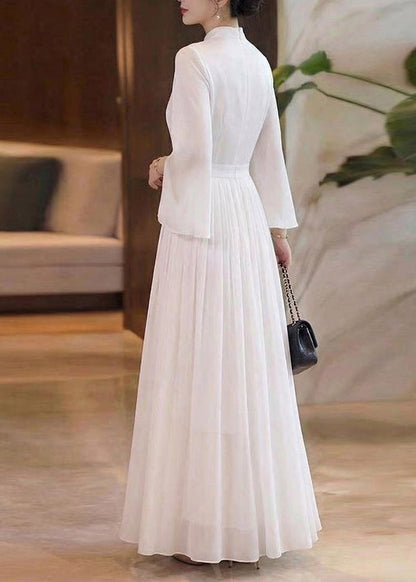 Elegant White Wrinkled Patchwork Chiffon Maxi Dresses Summer