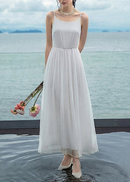 Elegant White Wrinkled Patchwork Chiffon Spaghetti Strap Dress Summer