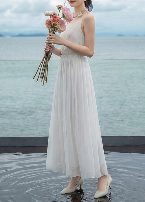Elegant White Wrinkled Patchwork Chiffon Spaghetti Strap Dress Summer
