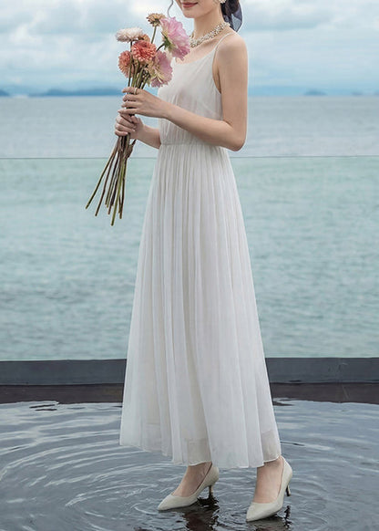 Elegant White Wrinkled Patchwork Chiffon Spaghetti Strap Dress Summer