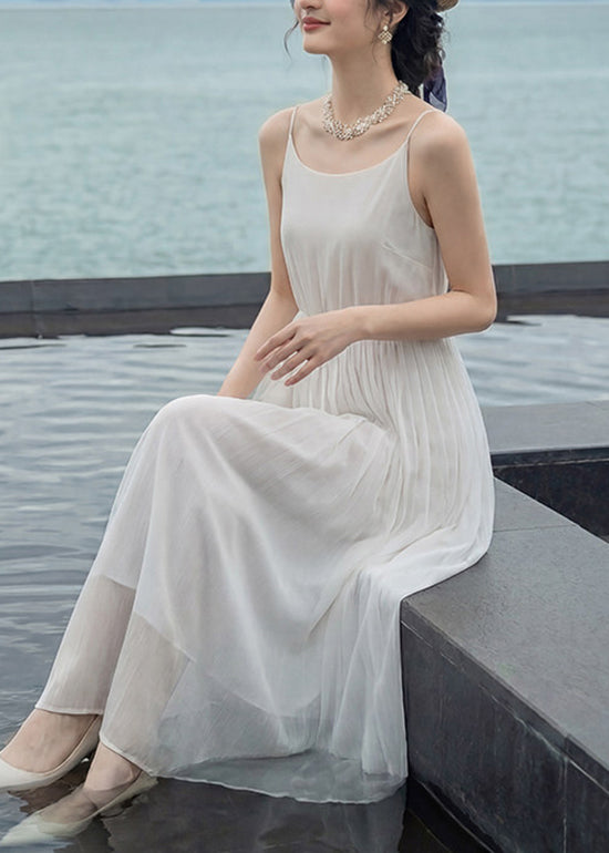 Elegant White Wrinkled Patchwork Chiffon Spaghetti Strap Dress Summer