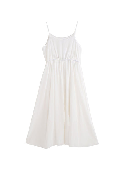 Elegant White Wrinkled Patchwork Chiffon Spaghetti Strap Dress Summer