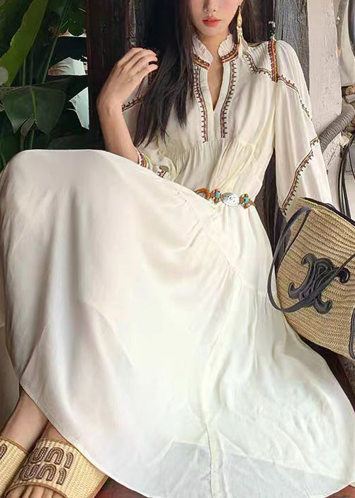 Elegant White Wrinkled Patchwork Cotton Long Dress Bracelet Sleeve