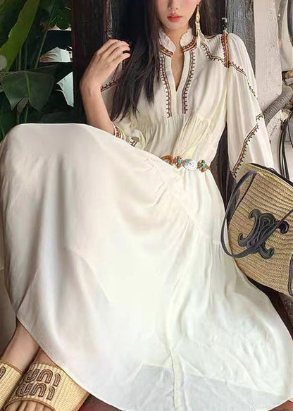 Elegant White Wrinkled Patchwork Cotton Long Dress Bracelet Sleeve