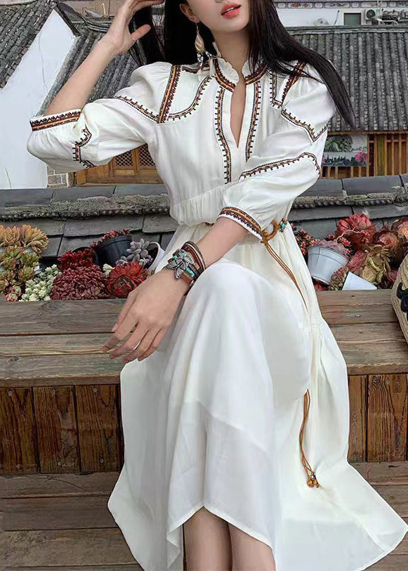 Elegant White Wrinkled Patchwork Cotton Long Dress Bracelet Sleeve