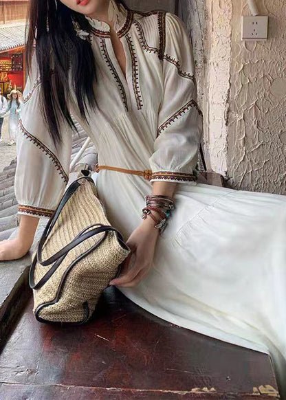 Elegant White Wrinkled Patchwork Cotton Long Dress Bracelet Sleeve