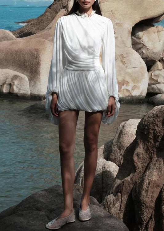 Elegant White Wrinkled Solid Cotton Mini Dresses Lantern Sleeve