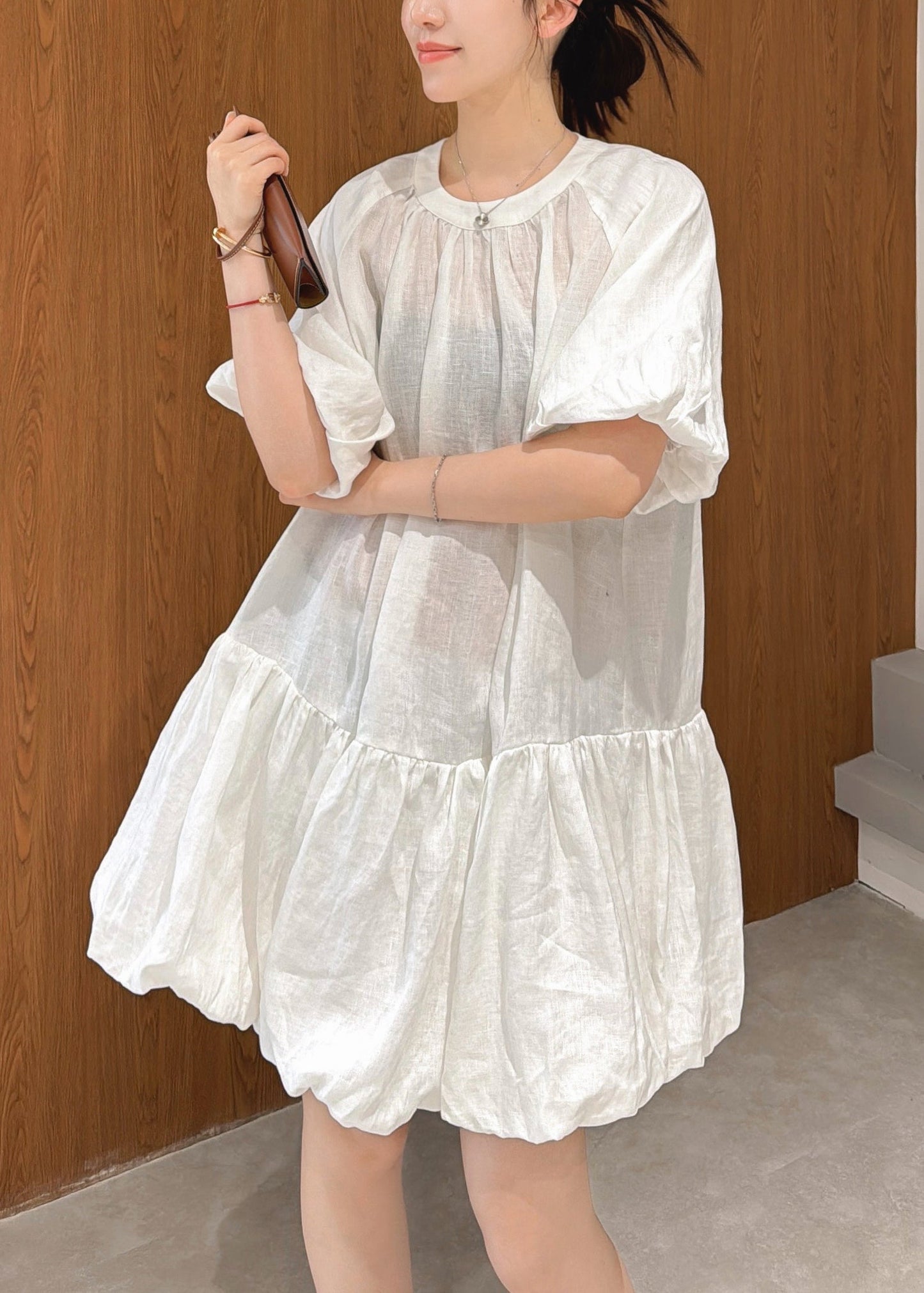 Elegant White Wrinkled Solid Linen Mid Dress Puff Sleeve