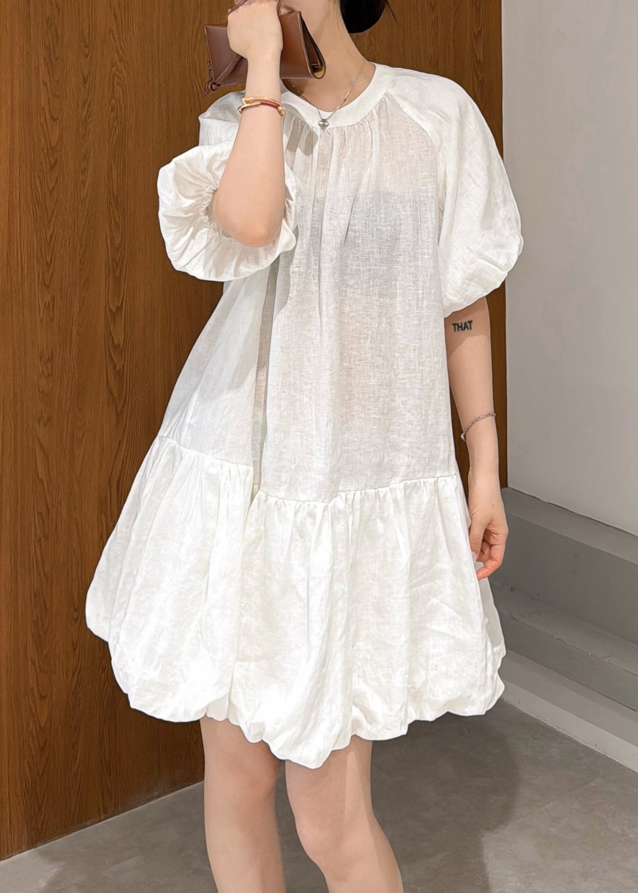 Elegant White Wrinkled Solid Linen Mid Dress Puff Sleeve
