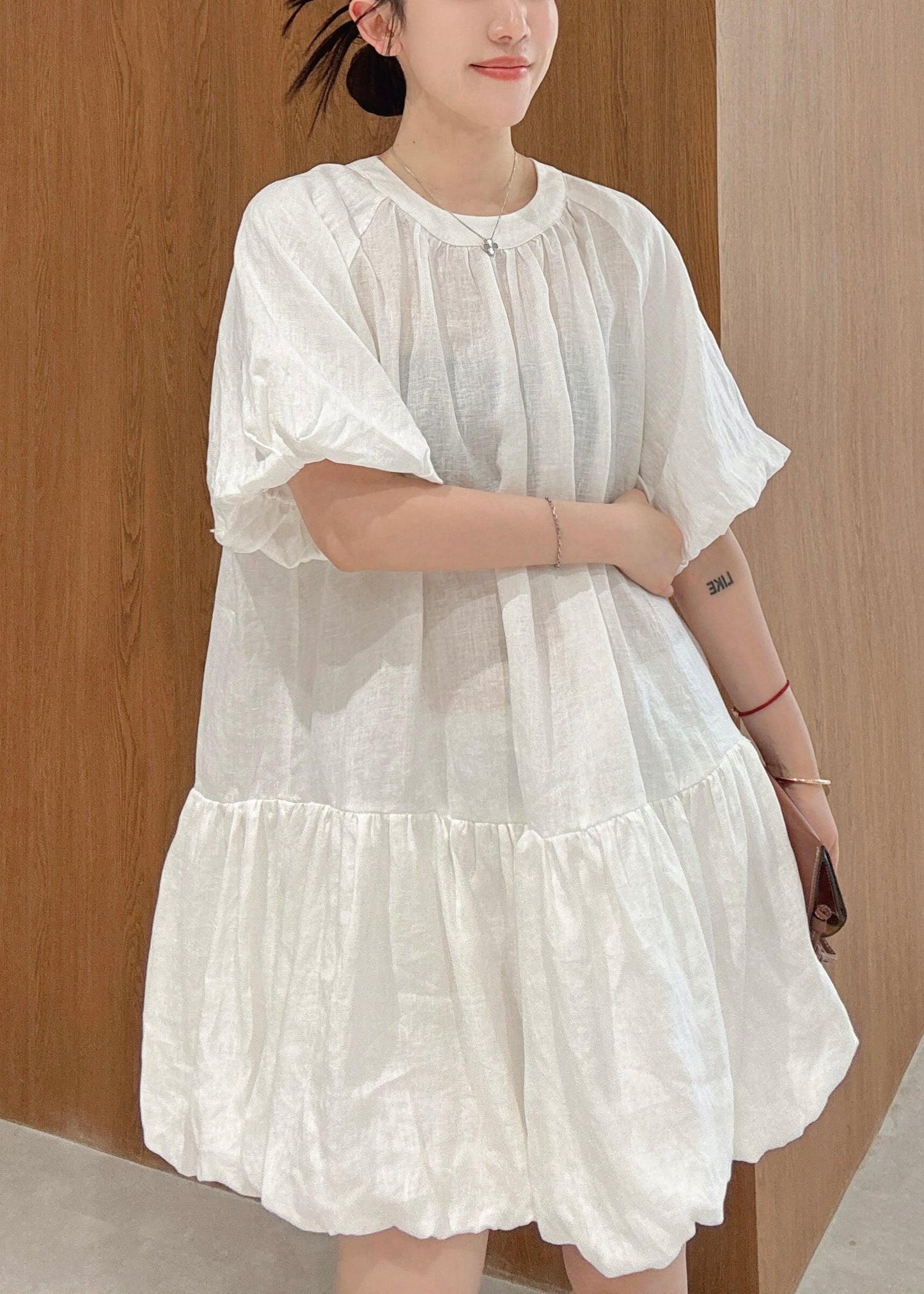 Elegant White Wrinkled Solid Linen Mid Dress Puff Sleeve