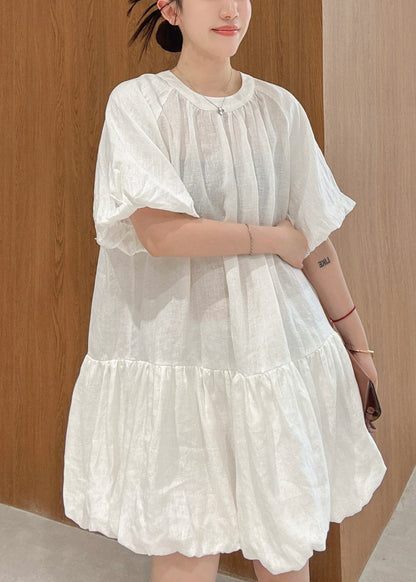 Elegant White Wrinkled Solid Linen Mid Dress Puff Sleeve
