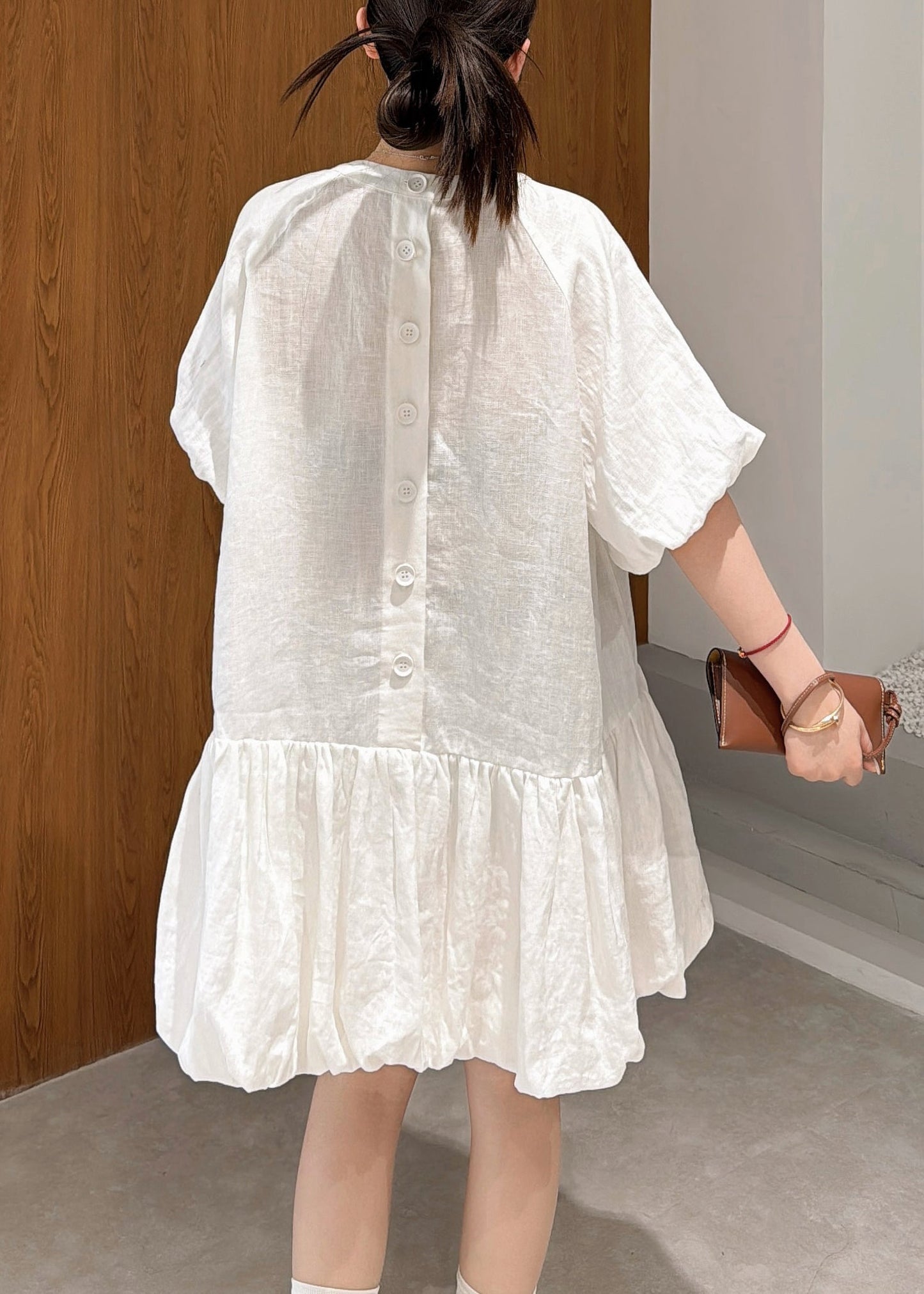 Elegant White Wrinkled Solid Linen Mid Dress Puff Sleeve