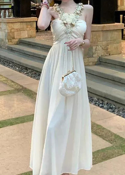 Elegant White Zircon Floral Wrinkled Patchwork Cotton Long Dress Sleeveless