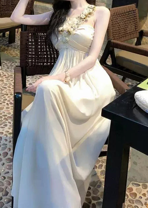 Elegant White Zircon Floral Wrinkled Patchwork Cotton Long Dress Sleeveless