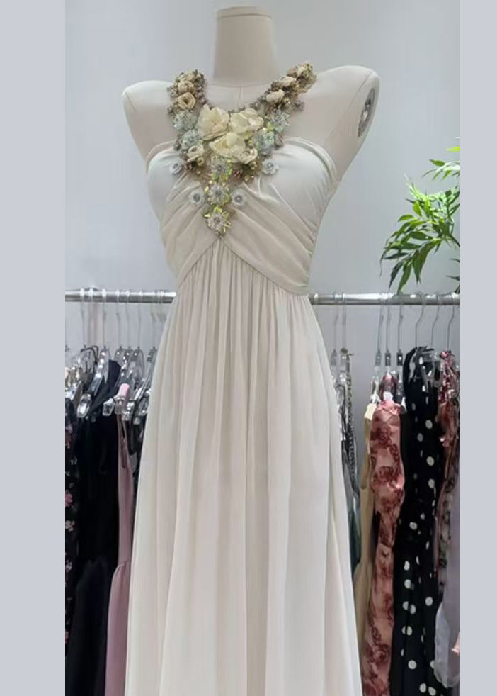 Elegant White Zircon Floral Wrinkled Patchwork Cotton Long Dress Sleeveless