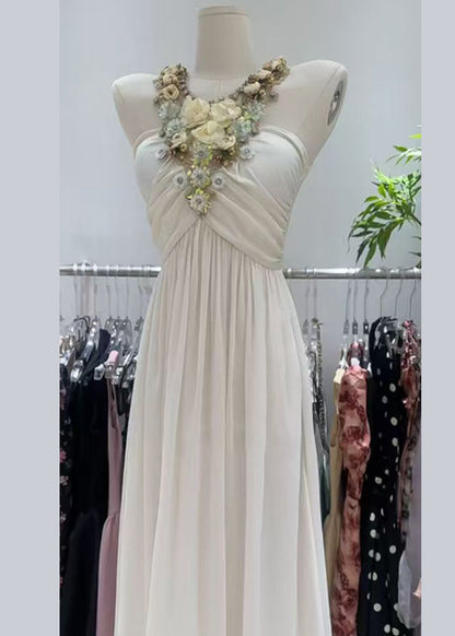 Elegant White Zircon Floral Wrinkled Patchwork Cotton Long Dress Sleeveless