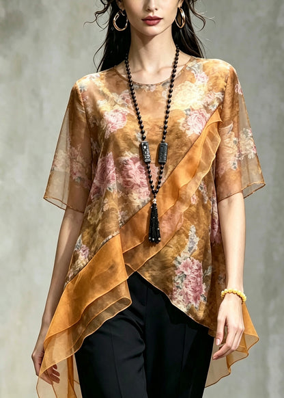 Elegant Yellow Asymmetrical Patchwork Chiffon Top Summer