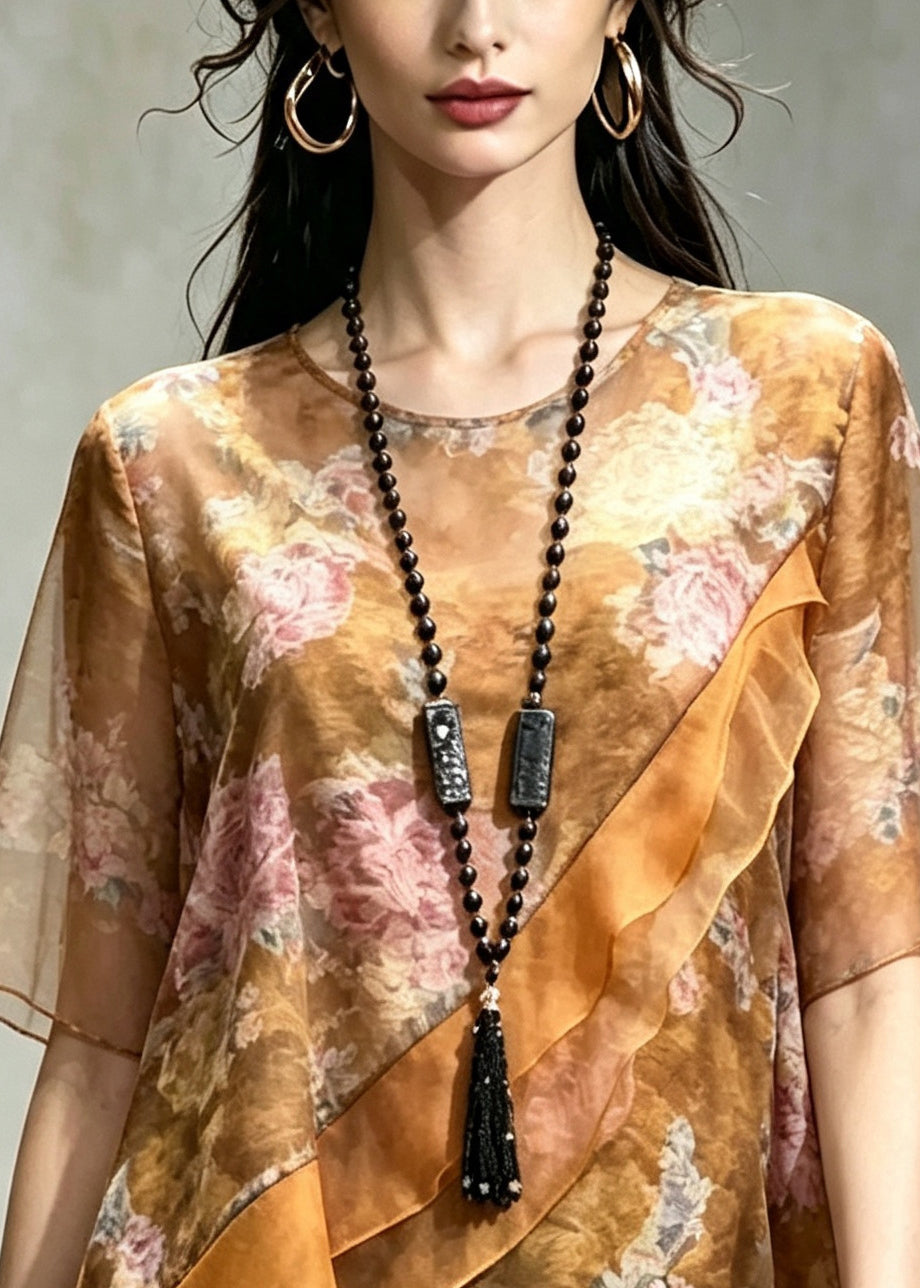Elegant Yellow Asymmetrical Patchwork Chiffon Top Summer