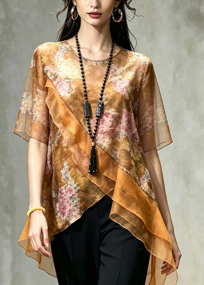 Elegant Yellow Asymmetrical Patchwork Chiffon Top Summer