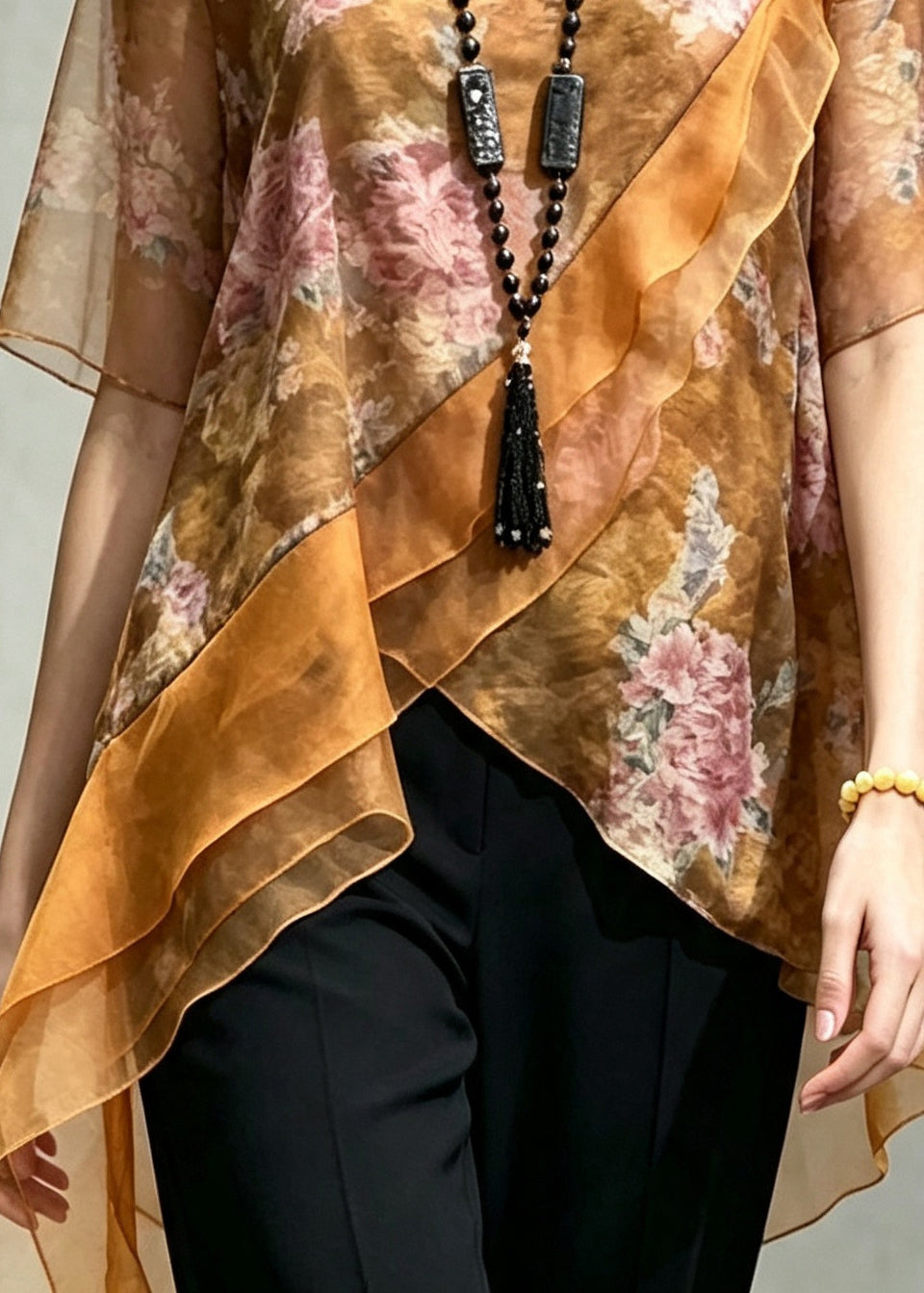 Elegant Yellow Asymmetrical Patchwork Chiffon Top Summer